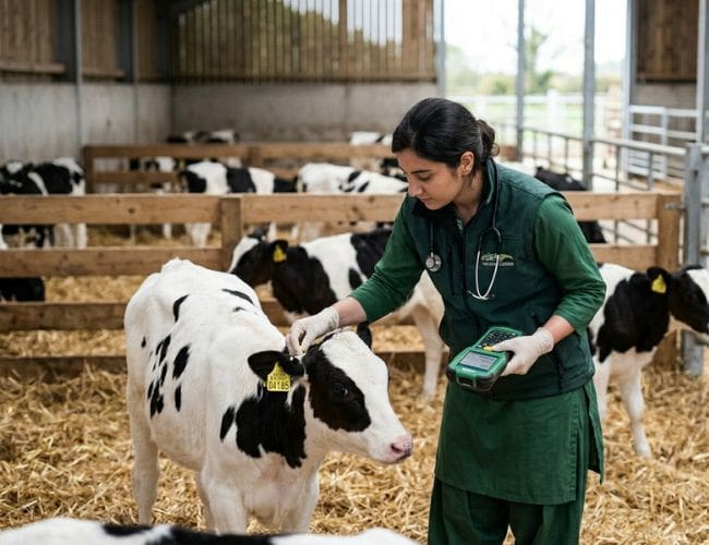 Qurbani 2026 Deadlines: Why You Shouldn't Wait Until the Day of Arafah to Donate 1 A female veterinarian wearing a green vest, tunic, and gloves checks the health of a black and white calf in a livestock pen. She is holding a handheld electronic device in one hand and inspecting the calf's ear tag with the other, with a stethoscope draped around her neck. In the background, several other black and white calves are visible inside a wooden-fenced enclosure filled with straw.