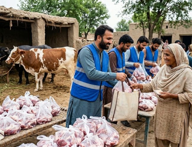 Camel vs. Cow vs. Sheep: Which Qurbani Share Provides the Most Impact? 1 A team of aid workers wearing blue vests distributes bags of Qurbani meat to an elderly woman in a rural village setting. Tables in the foreground are stacked with numerous clear plastic bags filled with meat. In the background, a brown and white cow stands near a mud brick structure, and other community members are visible.