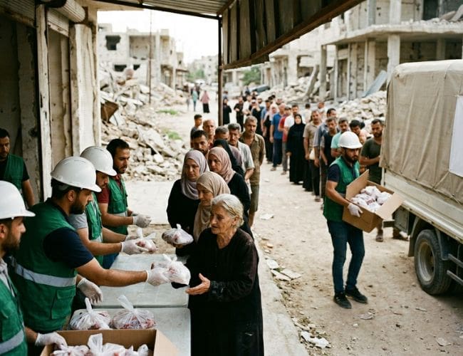 Qurbani in War Zones: How Your Qurbani Meat Donation Reaches Families in Palestine and Yemen 1 Aid workers wearing green vests and white hard hats hand out bags of Qurbani meat to an elderly woman at a distribution point. A long line of people stands waiting along a narrow dirt street lined with heavily damaged buildings and rubble. On the right, another worker carries a cardboard box filled with meat packages next to a parked delivery truck.