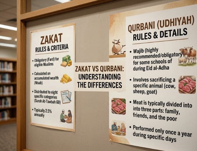 The 2026 Nisab Guide: Do You Qualify for the Obligation of Qurbani This Year? 1 A informational display mounted on a wall titled "ZAKAT VS QURBANI: UNDERSTANDING THE DIFFERENCES." The display features two separate posters detailing Islamic practices: