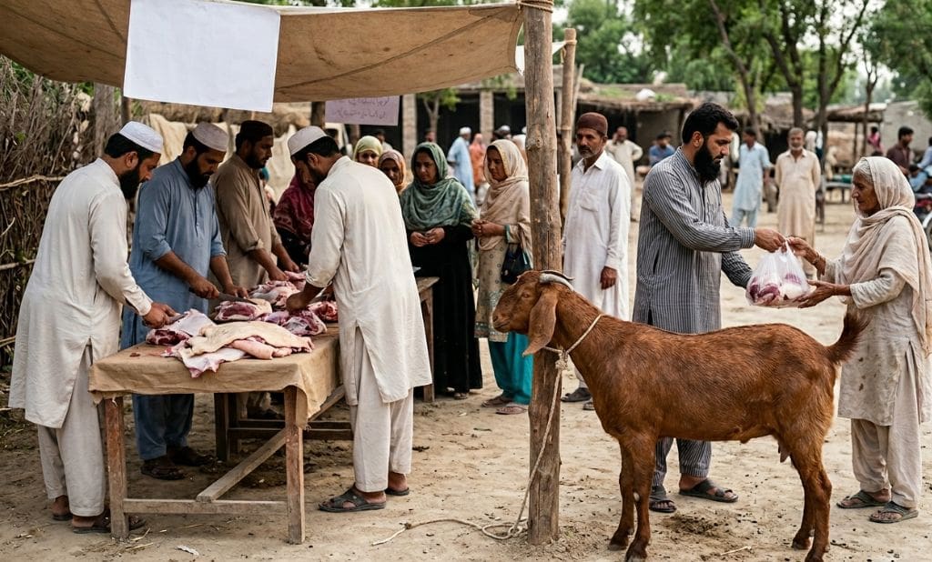 Qurbani Eid 2026 Date & Countdown: When Is Eid ul Adha and How Many Days Are Left? 3 men preparing and cutting meat on a table under a canopy while a man hands a bag of meat to an elderly woman near a brown goat.