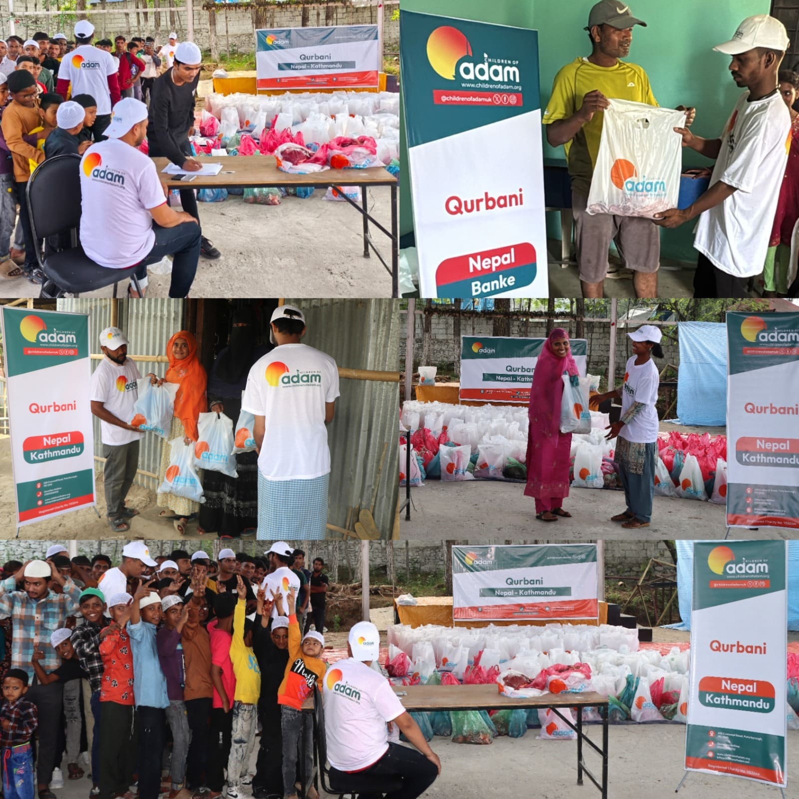 Qurbani 2026 – Bringing Fresh Meat to Families in Nepal 3 Here is the short alt text description for "WhatsApp Image 2026-06-15 at 8.28.55 PM (1).jpg": alt text: A collage of six photos showing volunteers in white "Children of Adam" t-shirts distributing donation bags to families, women, and a large crowd of gathered children at Qurbani event locations in Kathmandu and Banke, Nepal.