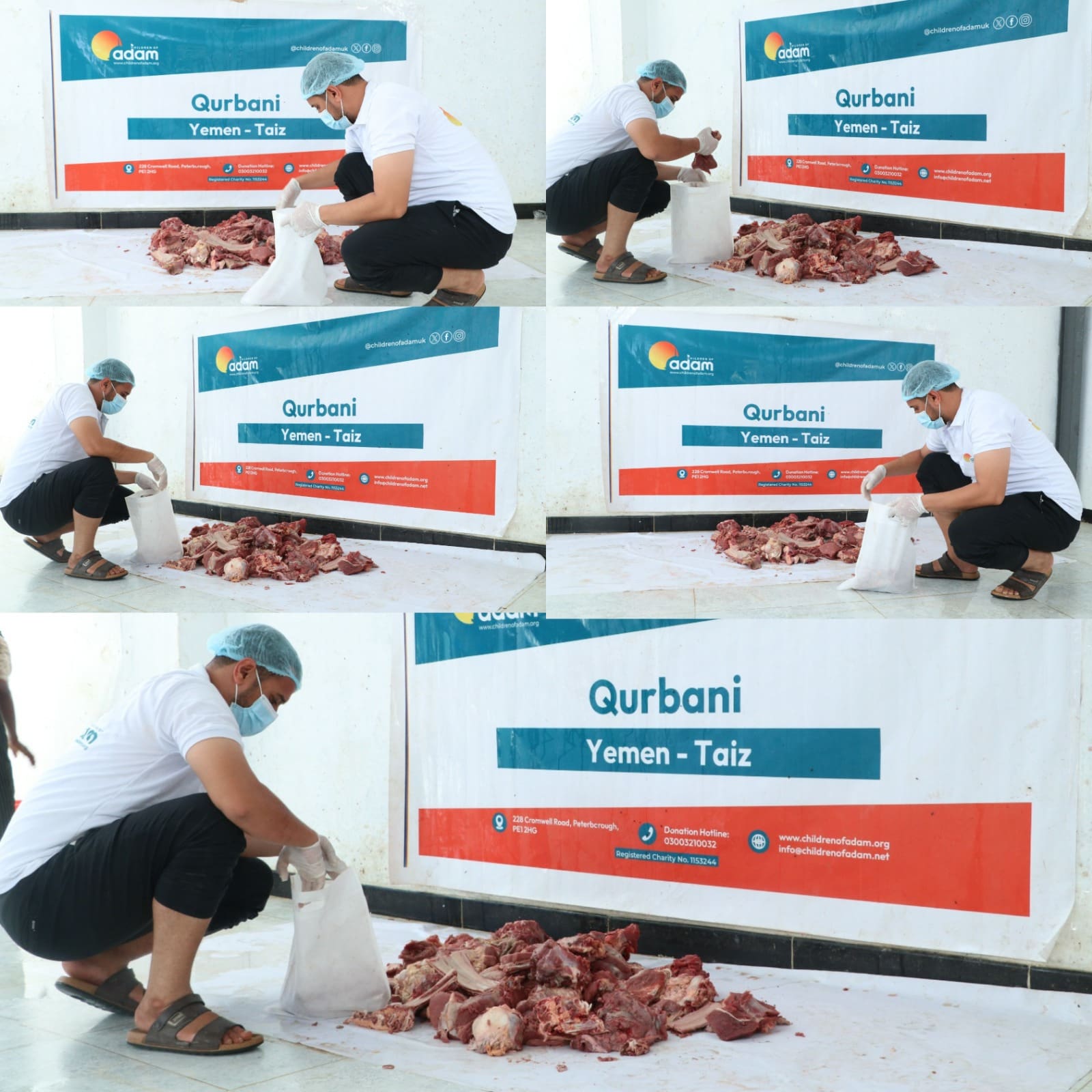 Inside Yemen Qurbani 2026 Distribution: How Your Donation Reached Families in Crisis 1 A collage of five photos showing a worker wearing a face mask, hairnet, and gloves sorting and packaging raw meat from a pile on the floor into white bags, in front of a "Children of Adam" banner for a Qurbani event in Taiz, Yemen.