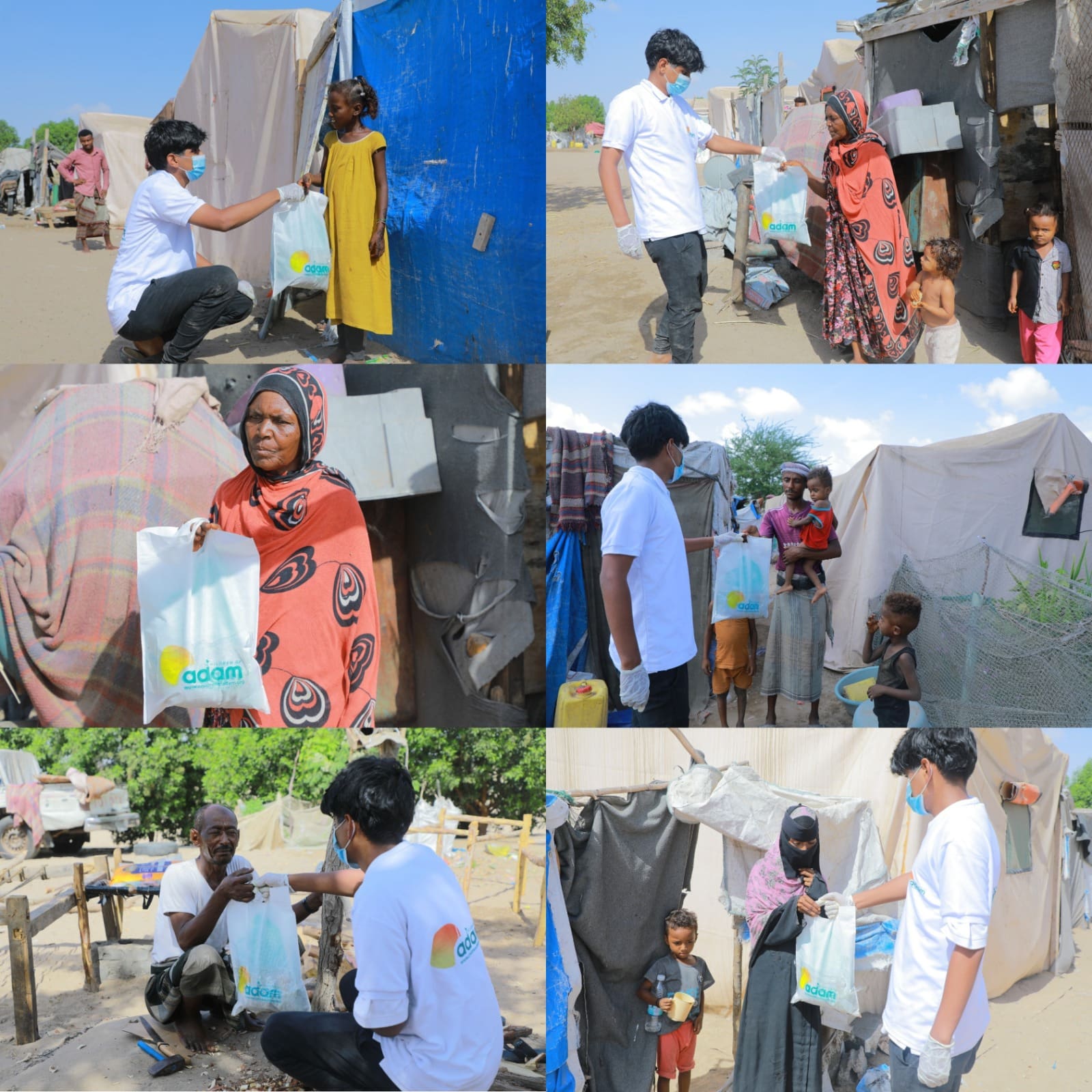 Inside Yemen Qurbani 2026 Distribution: How Your Donation Reached Families in Crisis 4 A collage of six photos showing a volunteer wearing a face mask and white "Children of Adam" t-shirt distributing aid bags to individuals and families outside temporary shelters or tents.