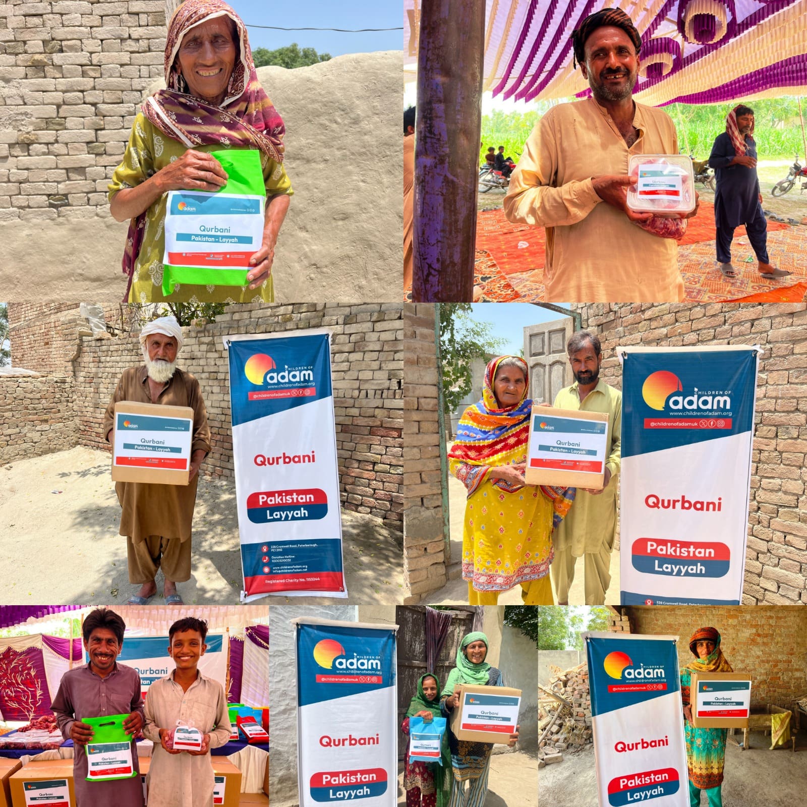 Qurbani 2026: Fresh Meat Distributed to Families in, Pakistan 2 a collage of six individual photos showing various individuals in layyah, pakistan, smiling while receiving food and meat donation packages from the "children of adam" qurbani distribution event, next to official banners.