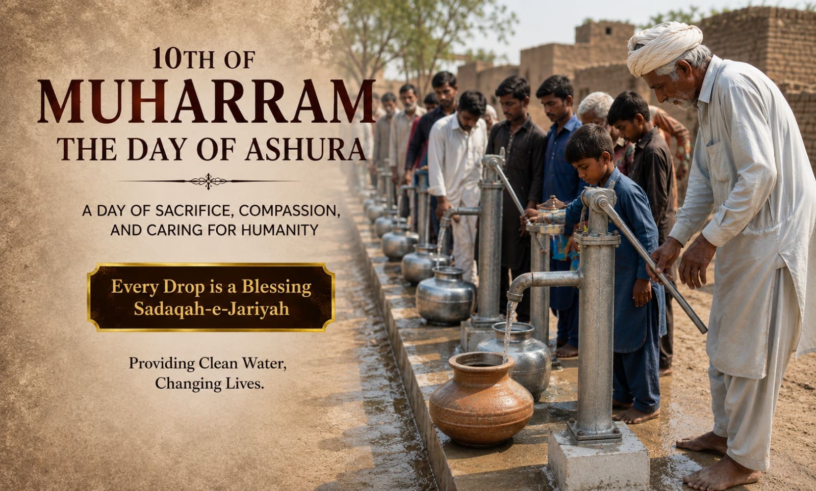 The 10th of Muharram: The Day of Ashura 3 A donation graphic showing a long row of outdoor hand pumps where men and children are collecting clean water in pots. Text overlay reads, "10th of Muharram: The Day of Ashura. A day of sacrifice, compassion, and caring for humanity. Every Drop is a Blessing Sadaqah-e-Jariyah. Providing Clean Water, Changing Lives."