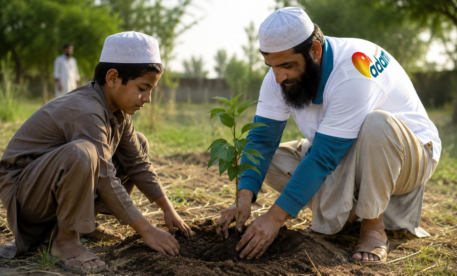Is Planting a Fruit Tree a Good Deed in Islam? Understanding the Rewards 4 A man and a young boy wearing prayer caps planting a small tree sapling together in the ground.