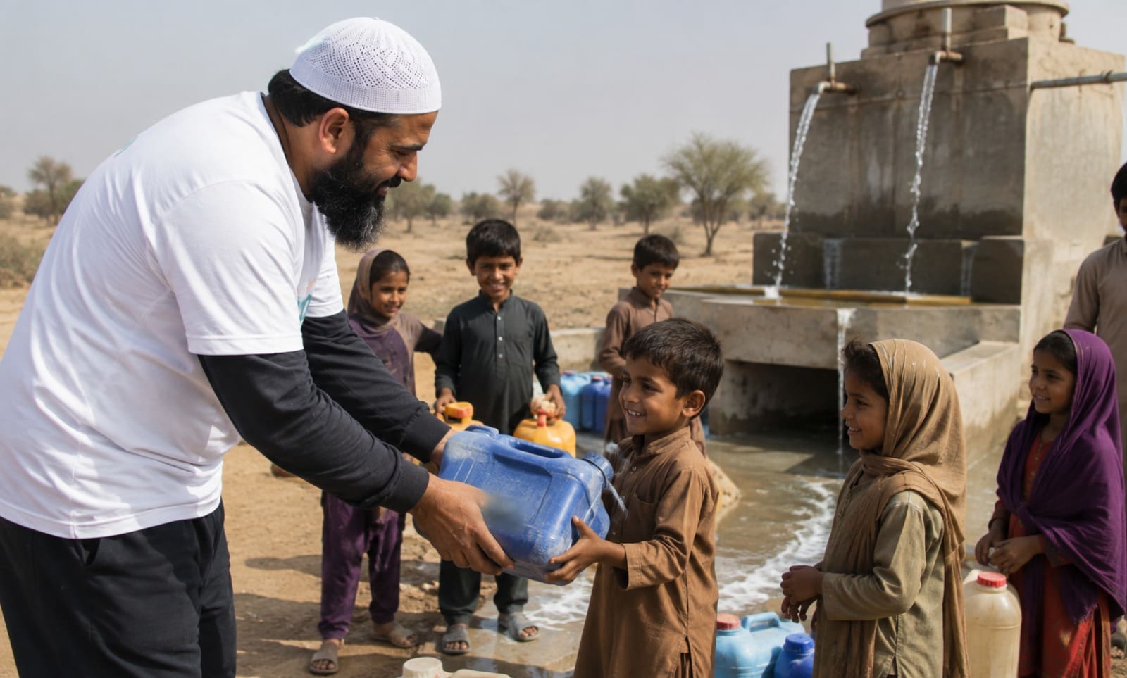 Sponsor a Water Project: Long-Term Clean Water Solutions 5 a charity worker handing a container of clean water to a smiling child near a water station.