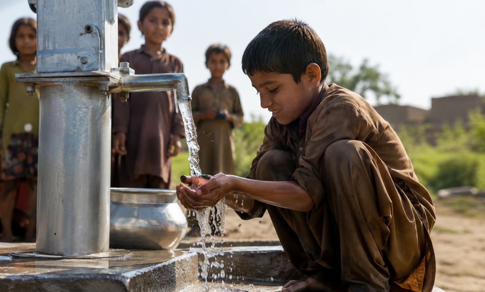 Sponsor a Water Project: Creating Long-Term Access to Clean Water 4 A young boy crouching by an outdoor hand pump to gather fresh, clean water in his hands as other children watch in the background.