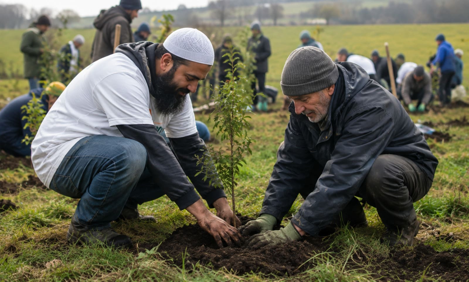 UK Tree Charity Appeals: Fund Environmental Change 2 Volunteers planting a sapling together in a green field during a charity event.