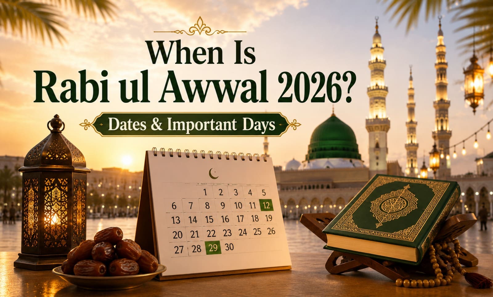 When Is Rabi ul Awwal 2026? Dates & Important Days 3 An Islamic graphic displaying the text "When Is Rabi ul Awwal 2026? Dates & Important Days" above a desk setup featuring a desk calendar, a bowl of dates, a decorative lantern, and the Quran on a stand, with the Prophet's Mosque in the background.