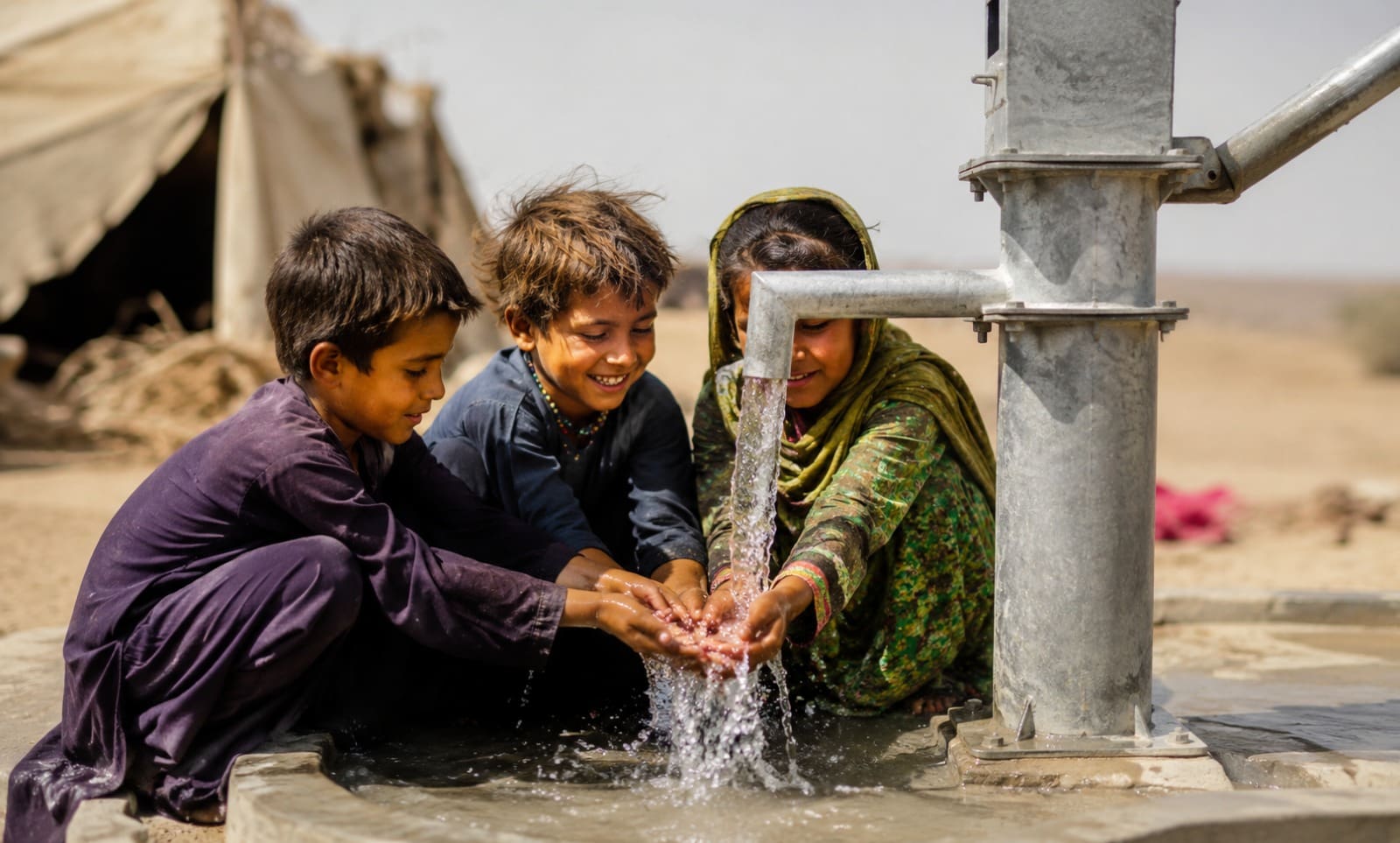 Three young children smiling and gathering clean water from a hand pump in a rural village.