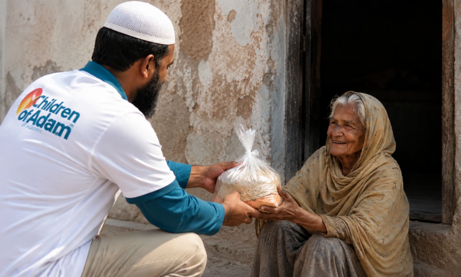A charity worker handing a bag of food aid to an elderly woman sitting outside a doorway.