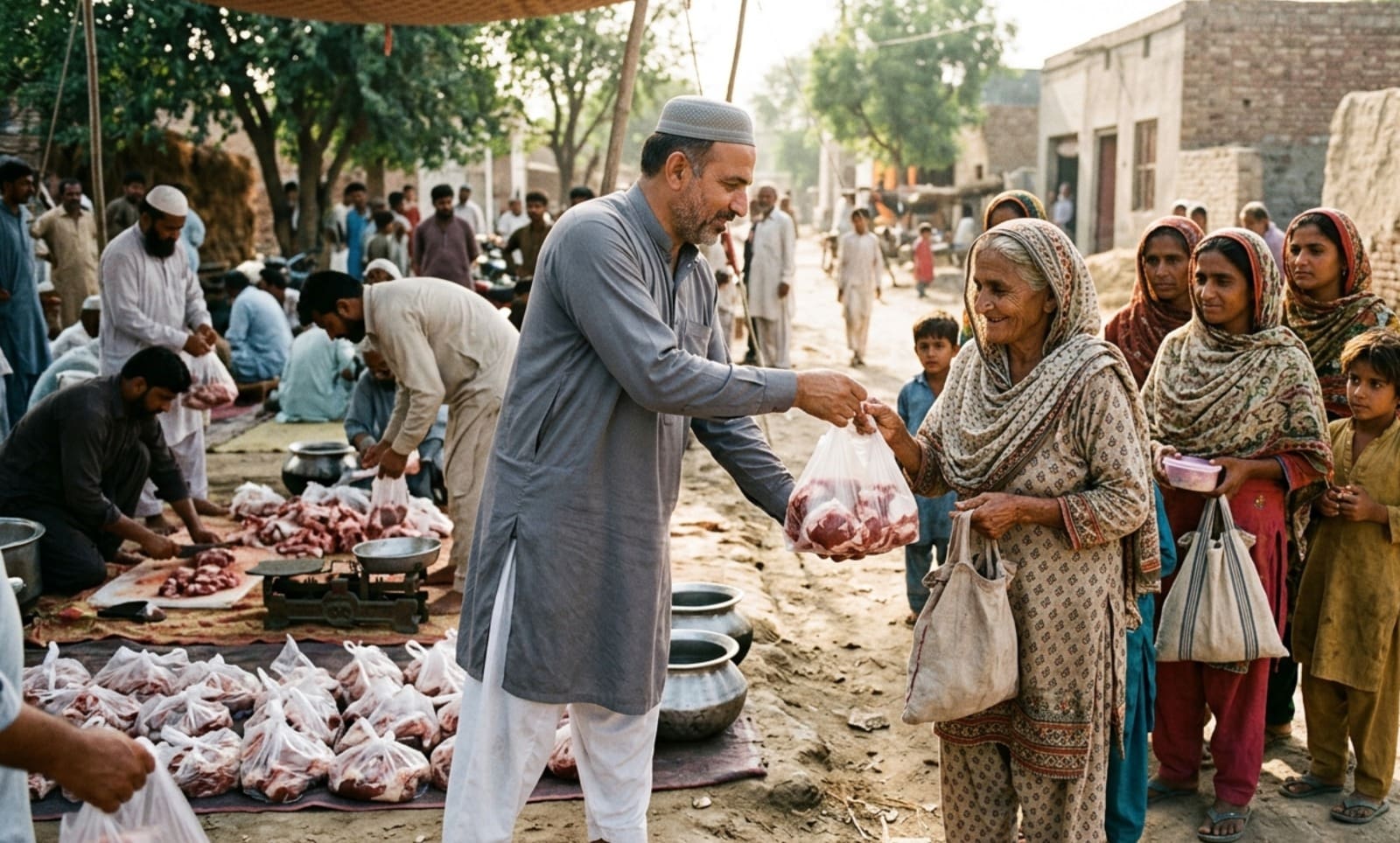 Is Qurbani Compulsory? A Complete Guide to Who Must Give Sacrifice 4 a man in a grey shalwar kameez handing a bag of meat to an elderly woman at an outdoor distribution site with people gathered in the background.