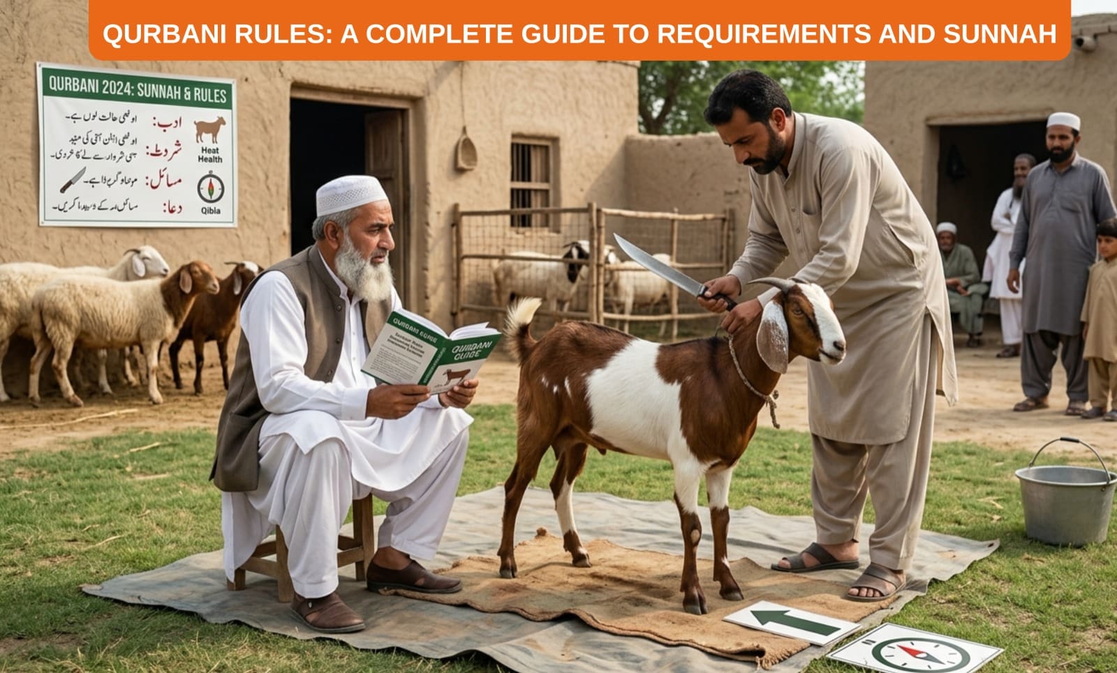 Qurbani Rules: A Complete Guide to Requirements and Sunnah 4 an elderly man with a white beard sits on a small stool reading a guidebook, while a younger man stands nearby holding a large blade over a brown and white goat. the scene is set outdoors near traditional buildings, featuring an instructional poster titled "qurbani 2024: sunnah & rules" on the wall and qibla direction markers on the ground. the image is overlaid with an orange header bar that reads: "qurbani rules: a complete guide to requirements and sunnah.