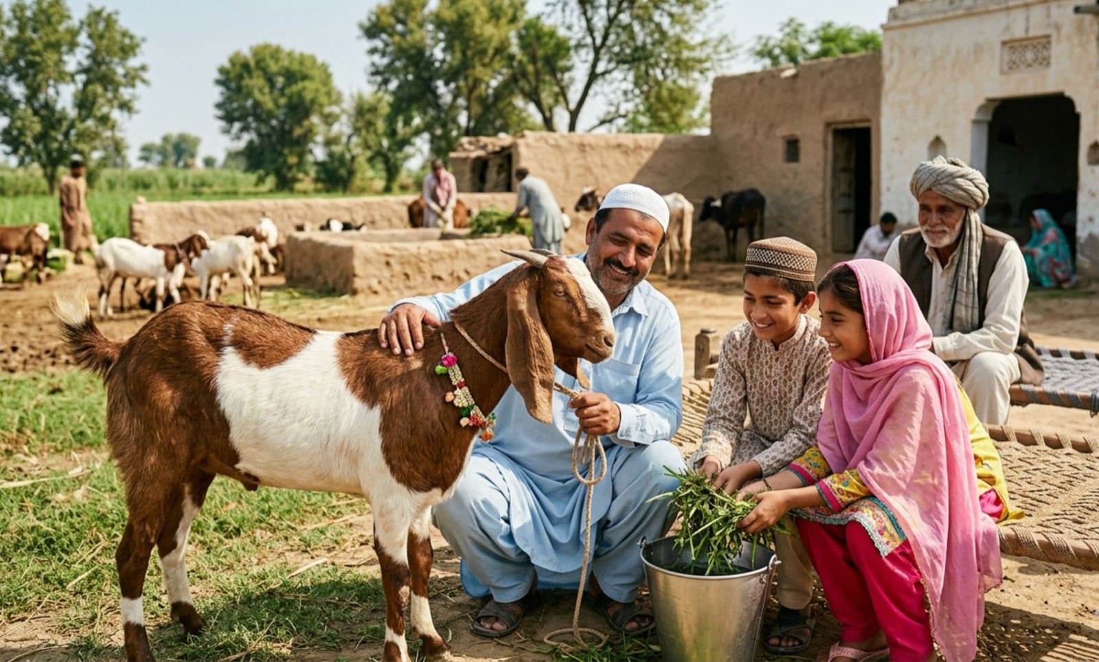 What is Qurbani? Everything You Need to Know Before Eid ul Adha 5 A smiling man in traditional clothing gently pets a decorated goat while two children feed it greens from a bucket, with an elderly man and other livestock in a rural village setting.
