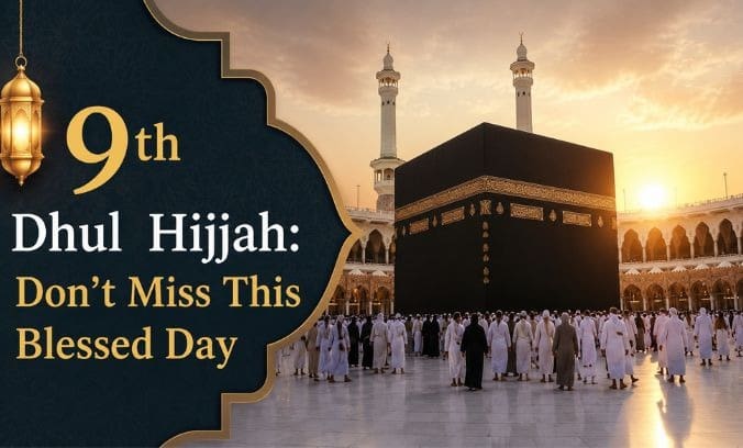 9th Dhul Hijjah: Don’t Miss This Blessed Day 4 an image showing pilgrims gathered around the kaaba in makkah under a bright sunset sky with minarets in the background. the left side has a decorative dark border with a hanging lantern and text that reads: "9th dhul hijjah: don't miss this blessed day.