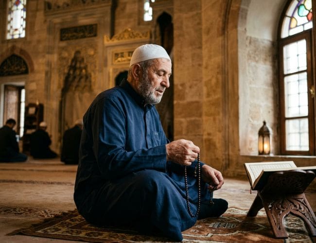 Maximize the Best 10 Days: 5 Essential Things to Do During the First 10 Days of Dhul Hijjah 1 An elderly Muslim man wearing a blue tunic and a white prayer cap sits cross-legged on a prayer mat inside a mosque. He is holding prayer beads (tasbih) in his hands, with an open Quran resting on a wooden stand (rehal) in front of him. The background shows the interior architecture of the mosque, including arched windows and stone walls, with a few other worshippers faintly visible in the distance.