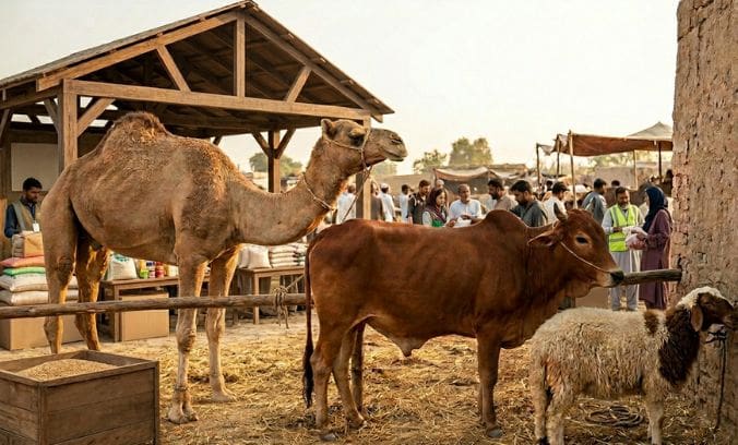 Camel vs. Cow vs. Sheep: Which Qurbani Share Provides the Most Impact? 5 A camel, a brown cow, and a sheep stand tied to wooden posts in an outdoor livestock market. The camel is positioned on the left near a wooden shed filled with bags of feed, while the cow stands in the center and the sheep is on the right near a stone wall. In the background, several people are walking through the busy open-air market under a hazy sky.