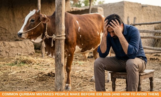 Common Qurbani Mistakes People Make Before Eid 2026 (And How to Avoid Them) 5 a man looking stressed sitting on a stool next to a cow tied to a wooden post in a rural setting.