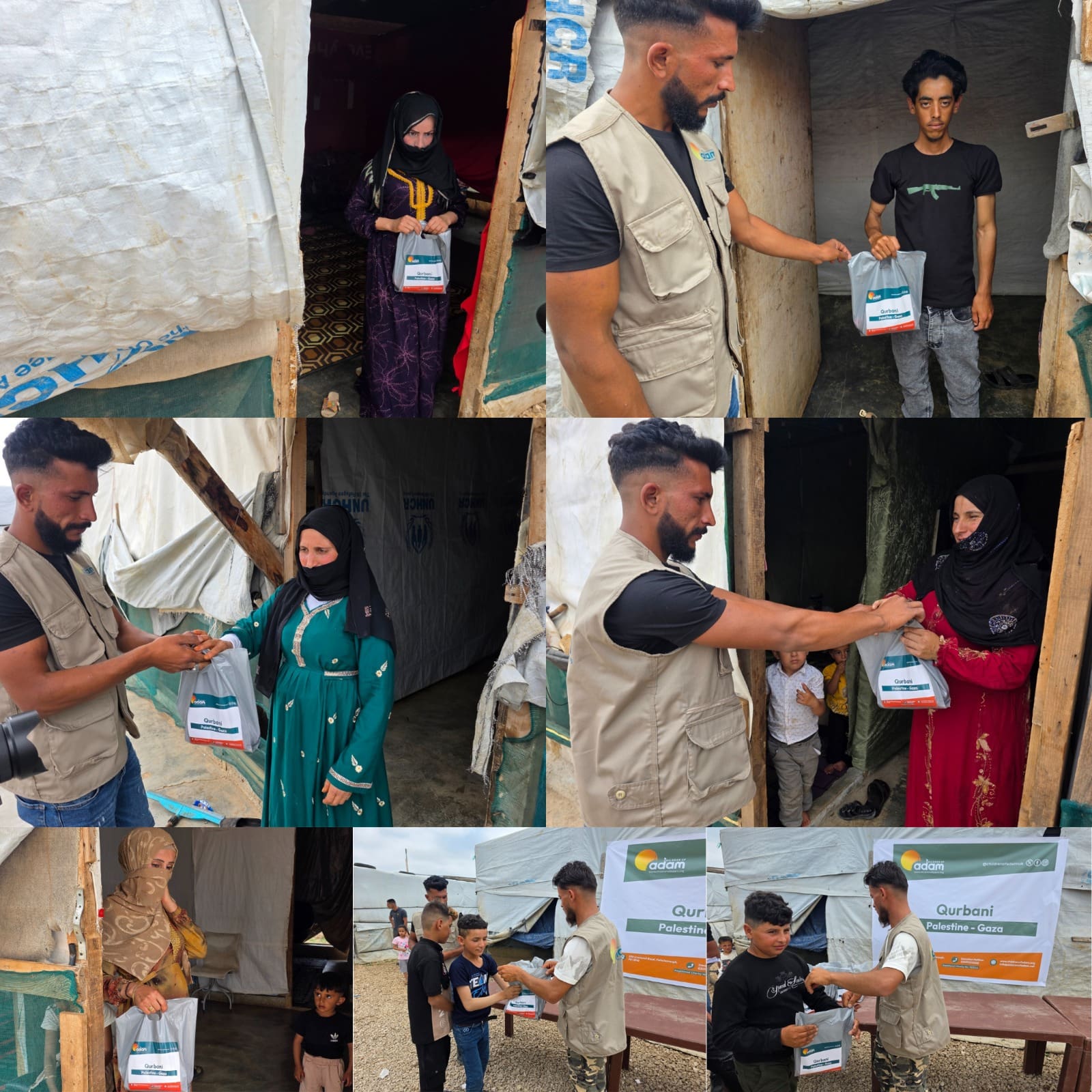 Qurbani 2026: Delivering Hope and Essential Food Support to Families in Gaza 2 A collage of seven images showing volunteers distributing Qurbani food aid bags to families and children at temporary shelters and tents in a Gaza camp.