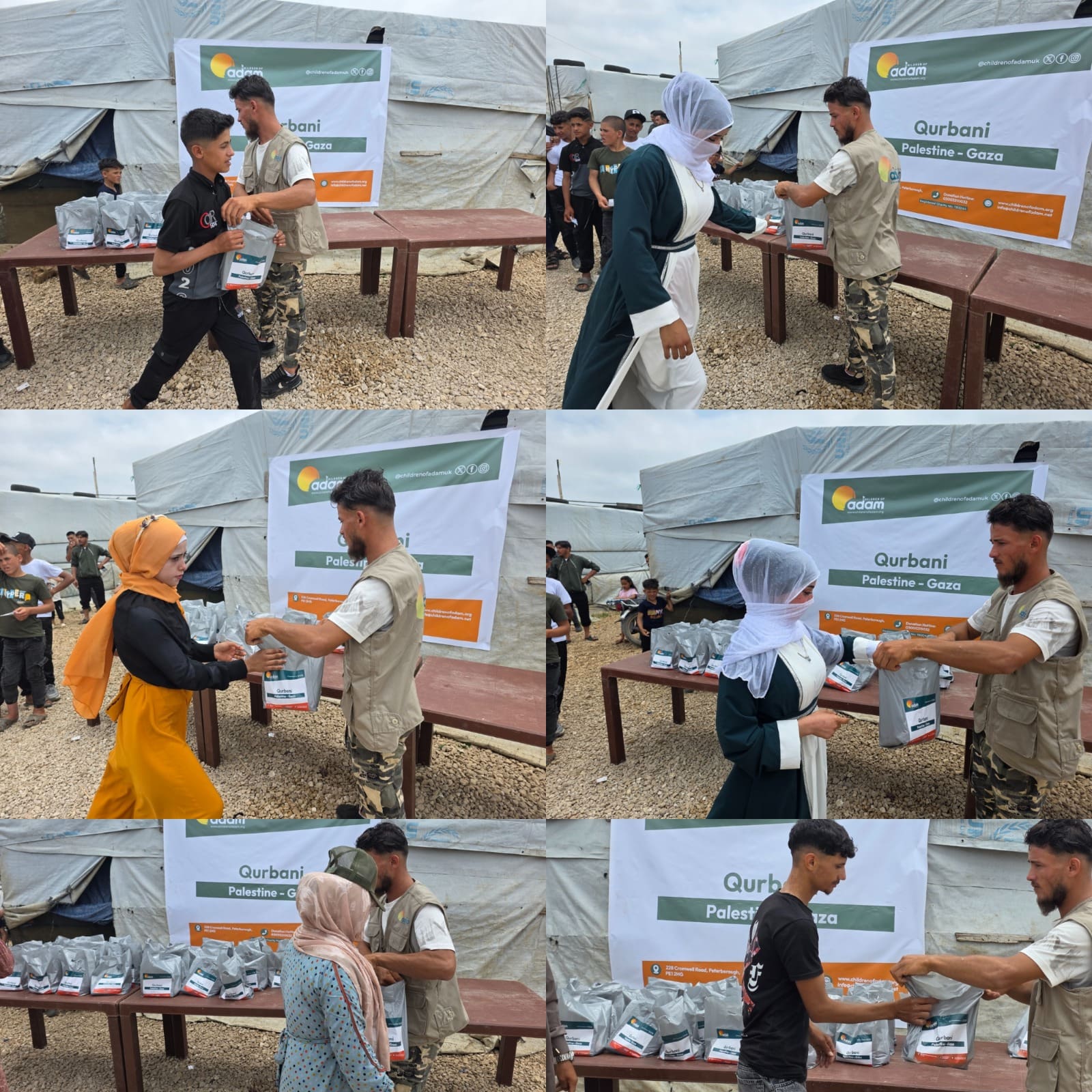 Qurbani 2026: Delivering Hope and Essential Food Support to Families in Gaza 3 A collage of six images showing a volunteer handing out Qurbani aid packages to individuals, including women and youth, in front of a Children of Adam banner in an outdoor camp setting in Gaza.