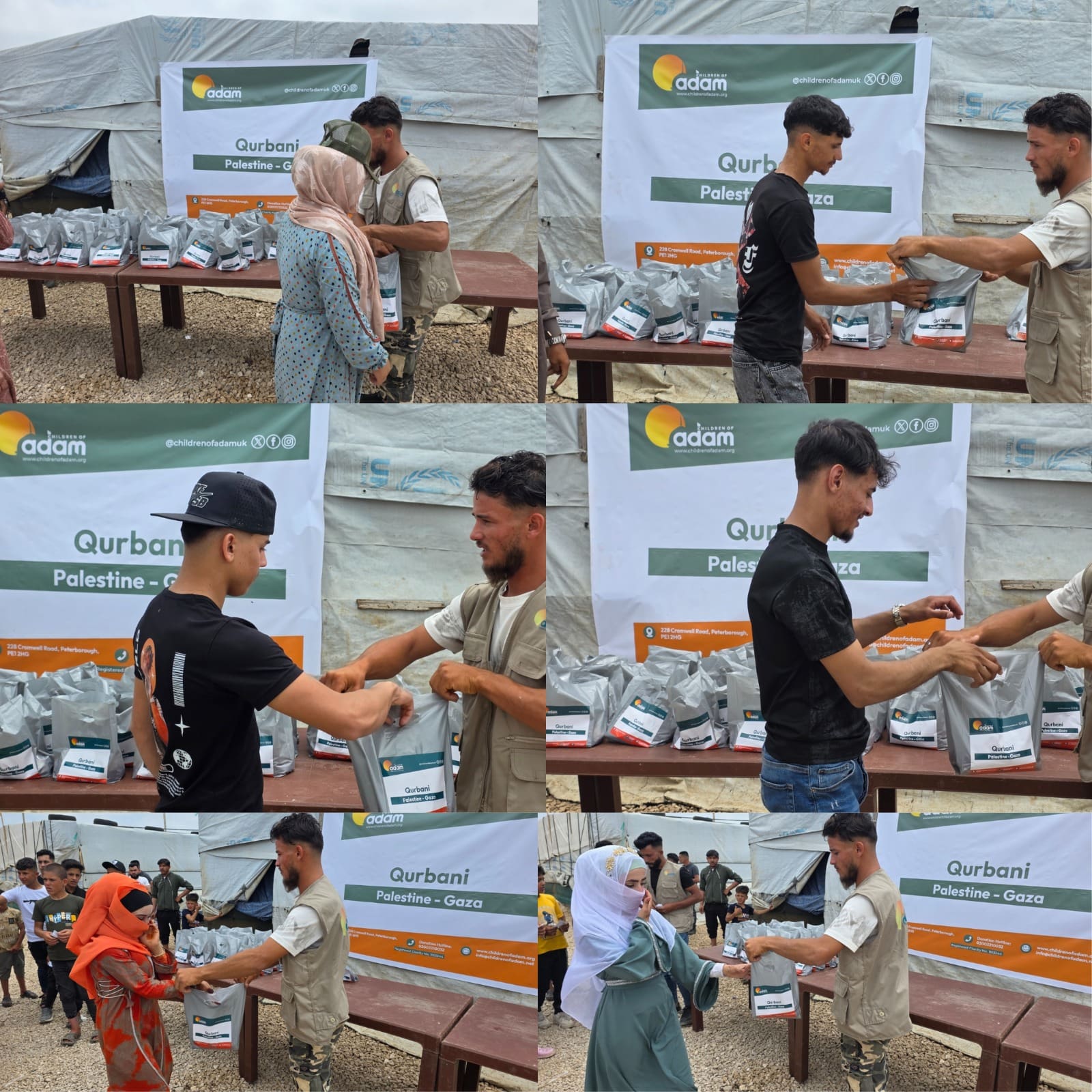 Qurbani 2026: Delivering Hope and Essential Food Support to Families in Gaza 4 A collage of six images showing a volunteer handing out Qurbani distribution packages from tables to various local recipients, including young men and women, in front of a Children of Adam "Qurbani Palestine - Gaza" banner.
