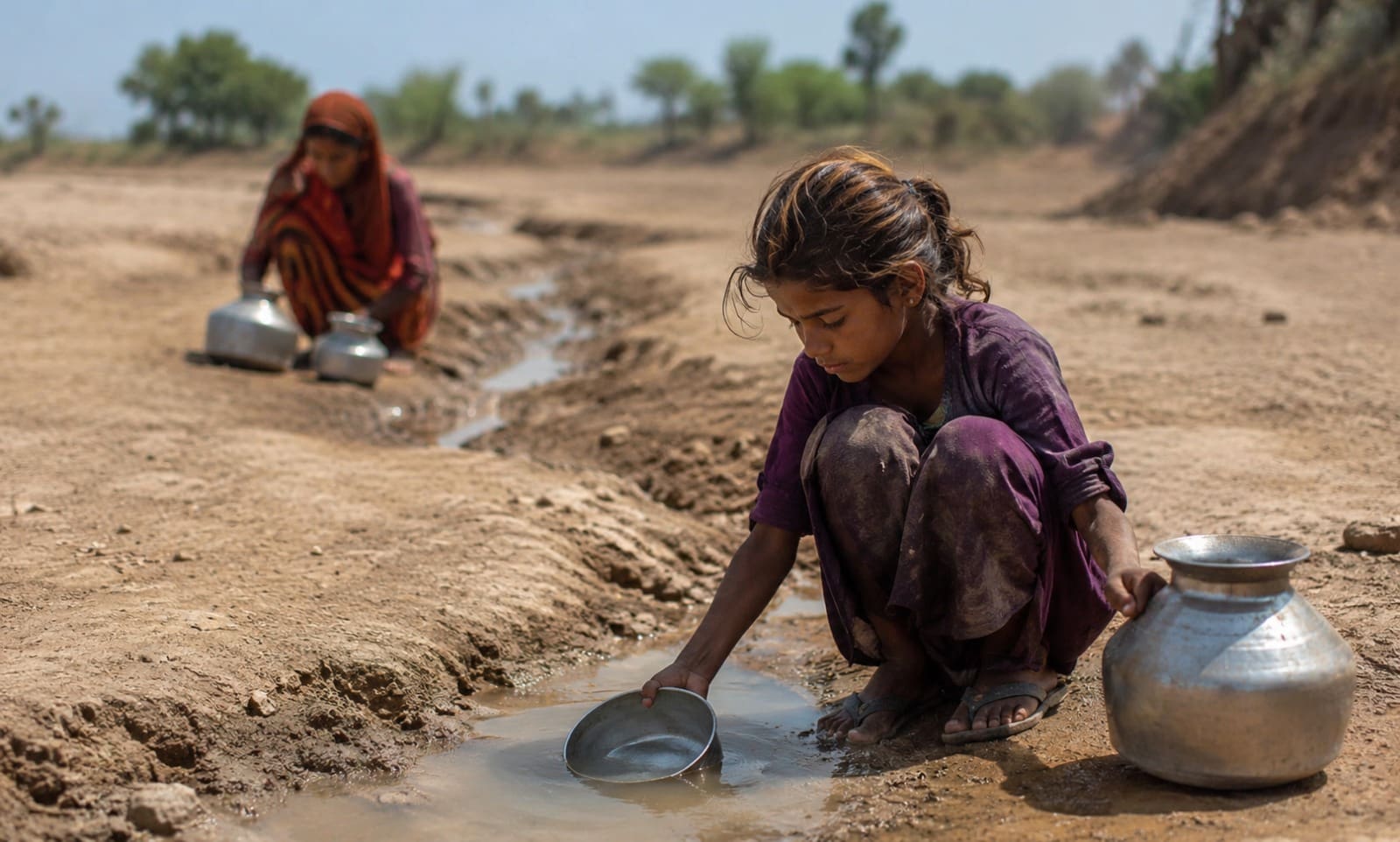 Life Without Clean Water in Rural Areas 5 A young girl crouches beside a narrow, muddy stream in a dry landscape, using a small bowl to scoop water into a large metal container while another woman collects water in the background.