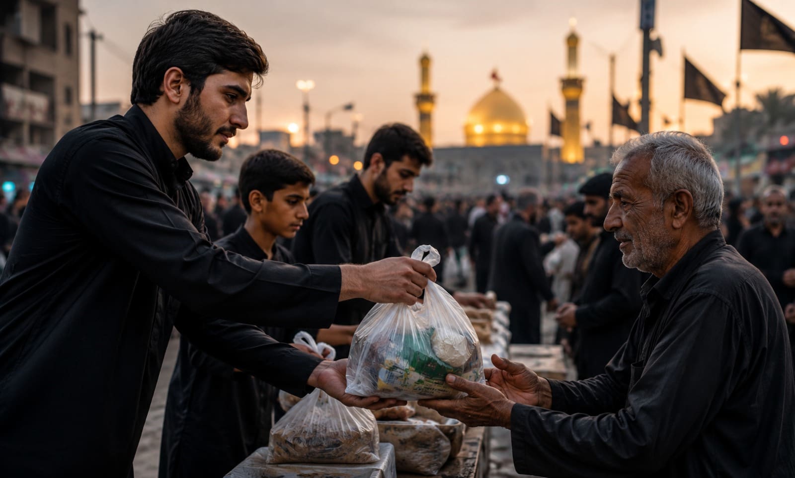 Why Donations Increase During Muharram and Ashura 3 In the image "why-donations-increase-during-muharram-and-ashura.jpeg", young men dressed in black clothing are seen distributing food and supplies in clear plastic bags to an elderly man and others in a crowded outdoor setting. The background features a large, illuminated golden mosque dome and minarets during dusk or dawn.