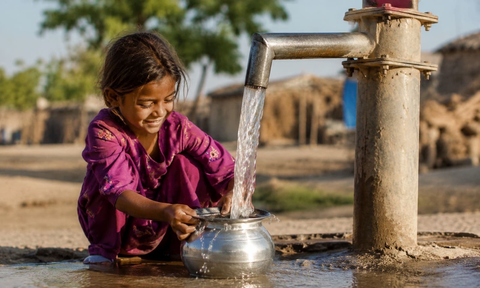 Clean Water Charity: Fund Safe Drinking Water 2 A smiling young girl fills a metal pot with clean water from a water pump outdoors.
