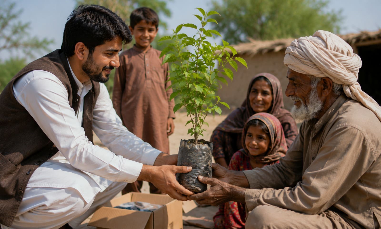 Donate a Fruit Tree: Fighting Hunger Through Nature and Sustainable Charity 3 A smiling young man handing a small tree sapling in a plastic bag to an elderly, bearded man wearing a turban, while a woman and two children look on happily in a rural setting.