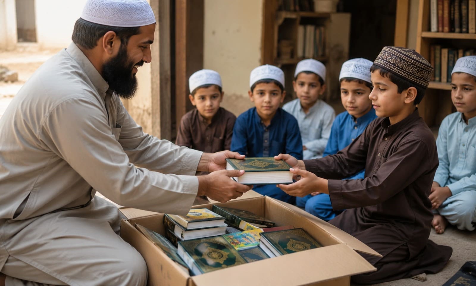 Donate Islamic Books & Educational Materials 4 A man hands an Islamic book from a box of donated books to a young boy sitting with other students.