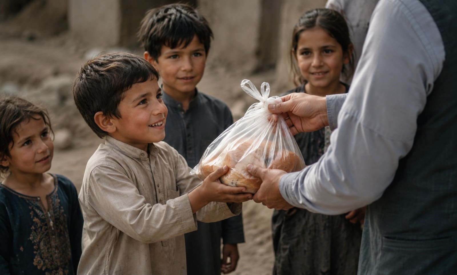 Donate to Orphans: Make a Direct Impact Today 2 A smiling boy receives a bag of bread from a volunteer while other children look on.