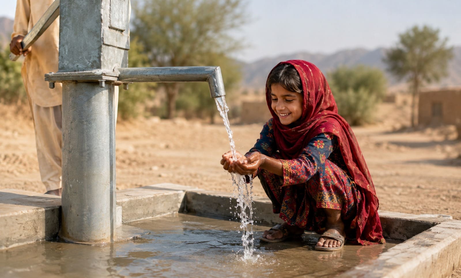 Fund a Sadaqah Jariyah Water Project for Communities in Need 5 A young girl smiling as she collects clean water in her hands from an outdoor hand pump.