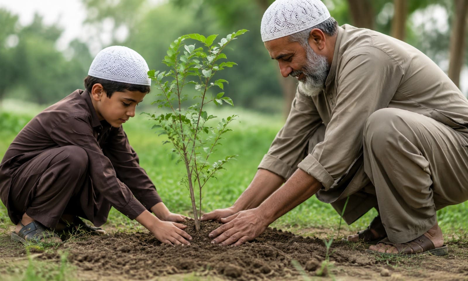 Plant a Tree as Sadaqah Jariyah: Ongoing Reward for Generations 3 An older man and a young boy planting a sapling together in a grassy area.