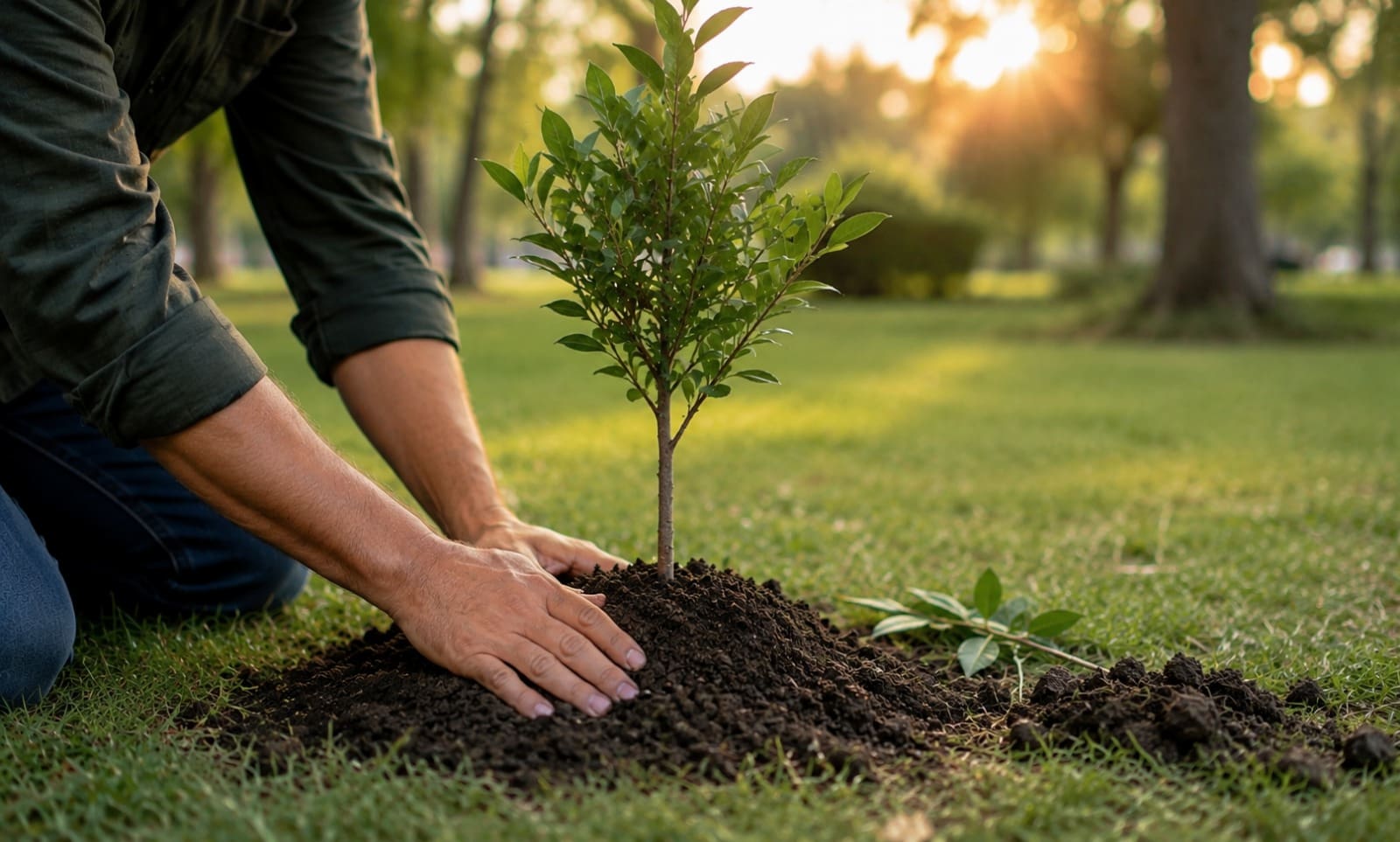 Plant a Tree in Memory of a Loved One 3 A person planting a young tree sapling in the soil outdoors at sunset.