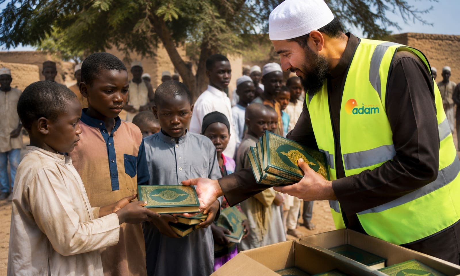 Quran Distribution Projects Around the World 4 A man handing copies of the Quran to young boys outdoors during a community distribution.