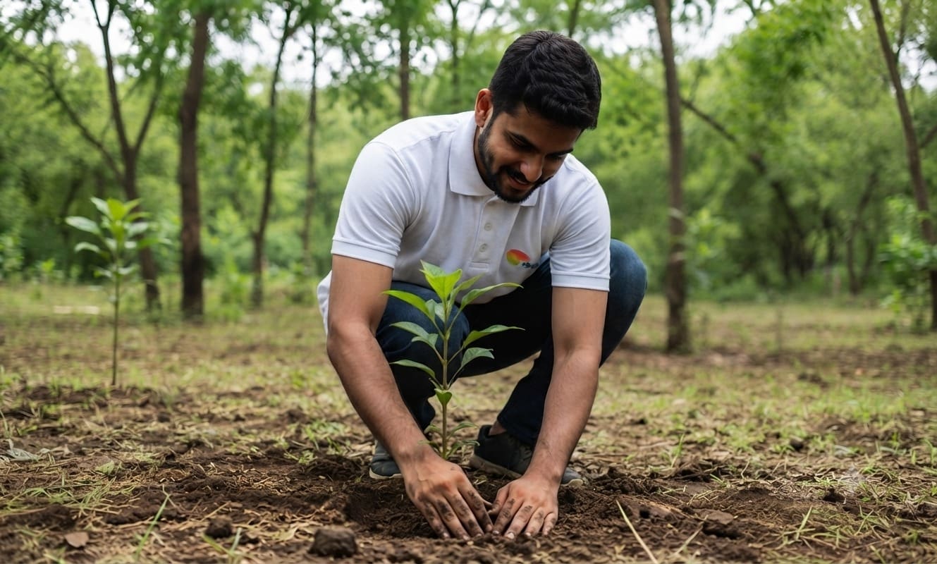 Tree Planting Charity: Donate a Fruit Tree Today 2 A smiling young man in a white polo shirt and jeans crouches down to plant a small green sapling into the soil, with a lush forest of trees blurred in the background.